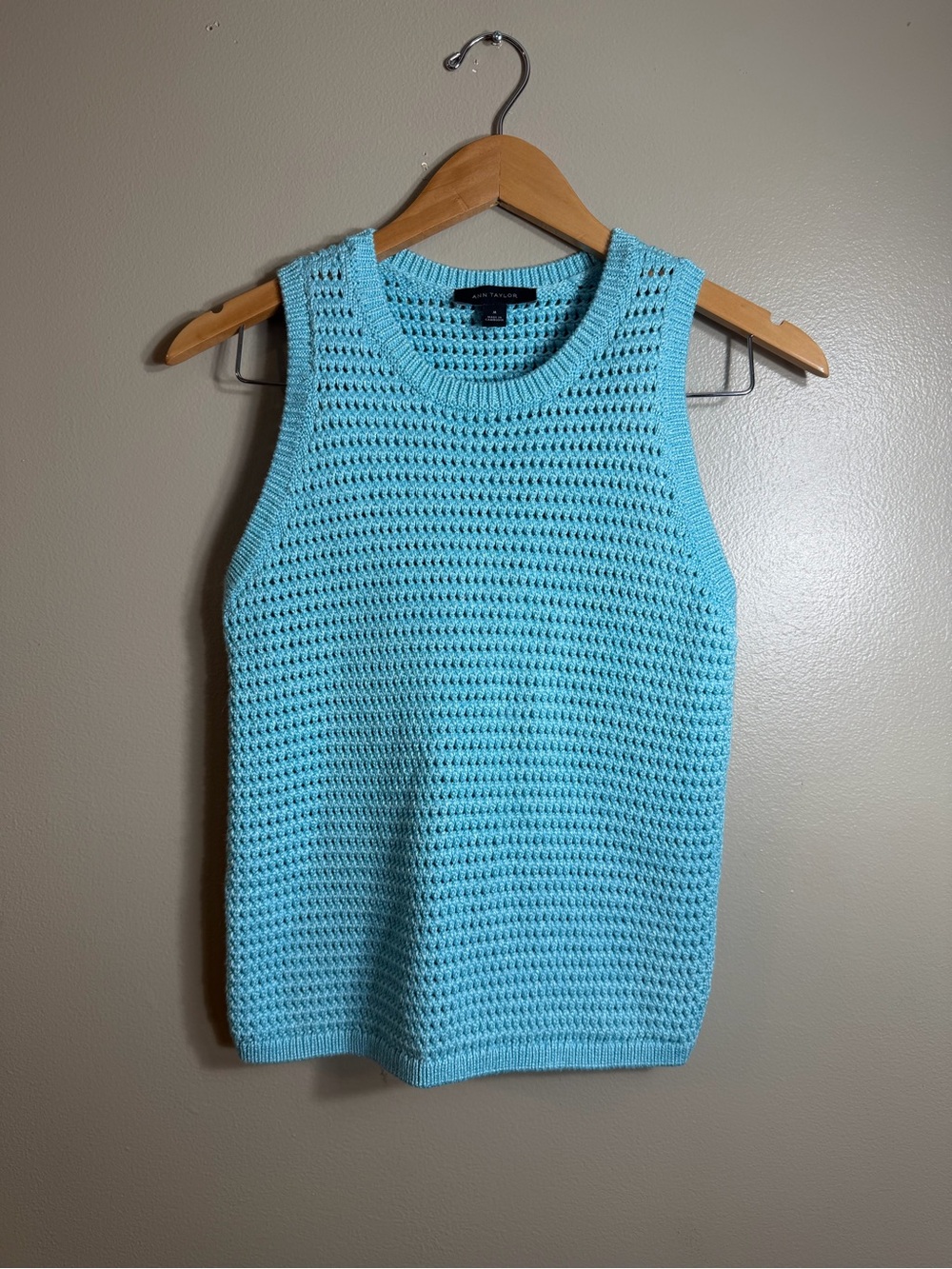 Ann Taylor Blue Open Knit Sweater Tank Top Sleeveless Coastal Preppy M